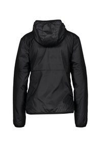 Black lightweight jacket with a hood, smooth texture, elastic cuffs, and a cinched hem. Features a simple, minimalistic design.