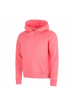 Felroze hooded sweater met lange mouwen en voorzak op een witte achtergrond.