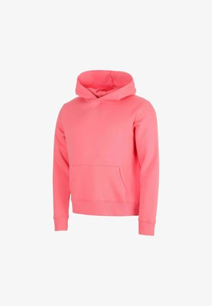 Hell pinker Kapuzenpullover mit langen Ärmeln und Kängurutasche vorne auf weißem Hintergrund.