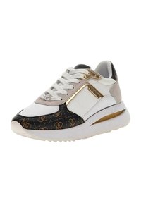 Sneaker bianca e nera con pelle testurizzata, dettagli dorati e un design a motivo. Presenta una suola imbottita e un sistema di allacciatura.