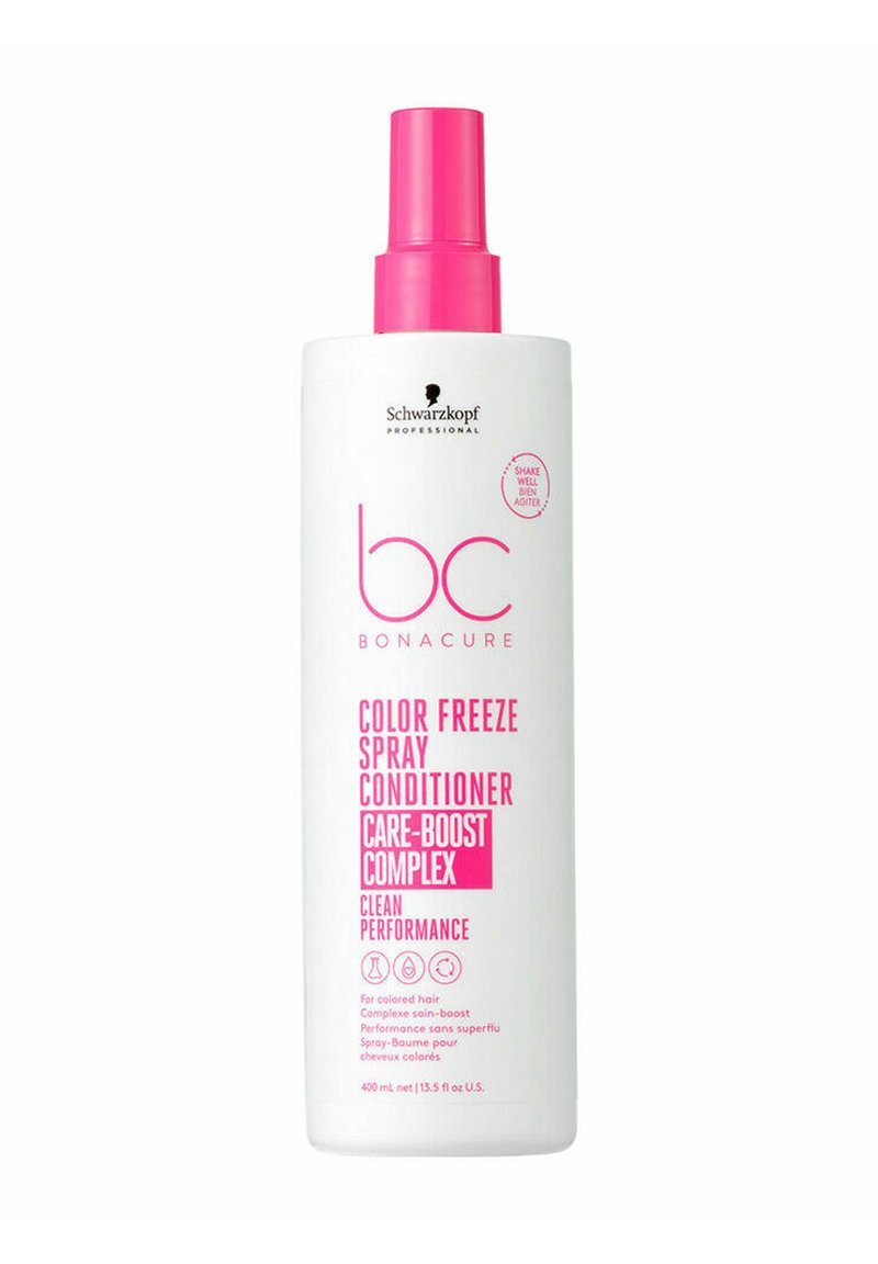 Flacone spray bianco con tappo rosa. L'etichetta frontale in testo rosa riporta "BC Bonacure Color Freeze Spray Conditioner Care-Boost Complex."