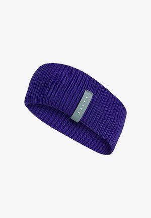 Bandeau violet en maille avec une texture côtelée, présentant une petite étiquette grise affichant "FALKE". Matériau élastique pour un port confortable.
