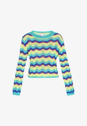 Sweter wykonany na drutach z falistymi paskami w miętowej zieleni, żółtym, niebieskim i czerwonym, z okrągłym dekoltem i długimi rękawami. Otwarta tekstura koronki.