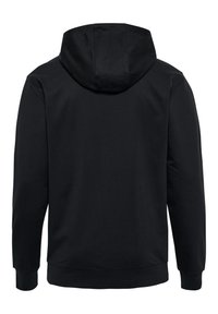 Felpa nera con cappuccio strutturato, maniche lunghe e polsi a coste. Tessuto in cotone liscio con un design minimale, senza loghi o motivi visibili.
