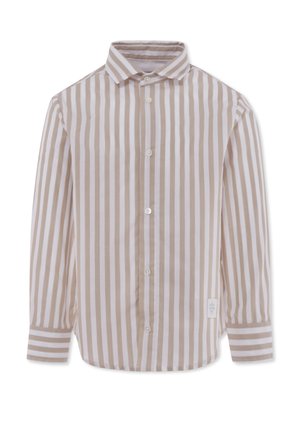 Gestreepte overhemd met verticale beige en witte strepen, een kraag, lange mouwen en een klein logo-label aan de onderzijde.