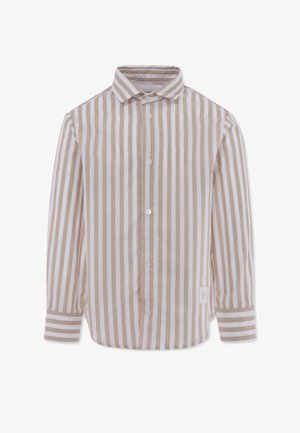 Chemise à rayures avec des bandes verticales beiges et blanches, un col, des manches longues et une petite étiquette logo sur le côté inférieur.