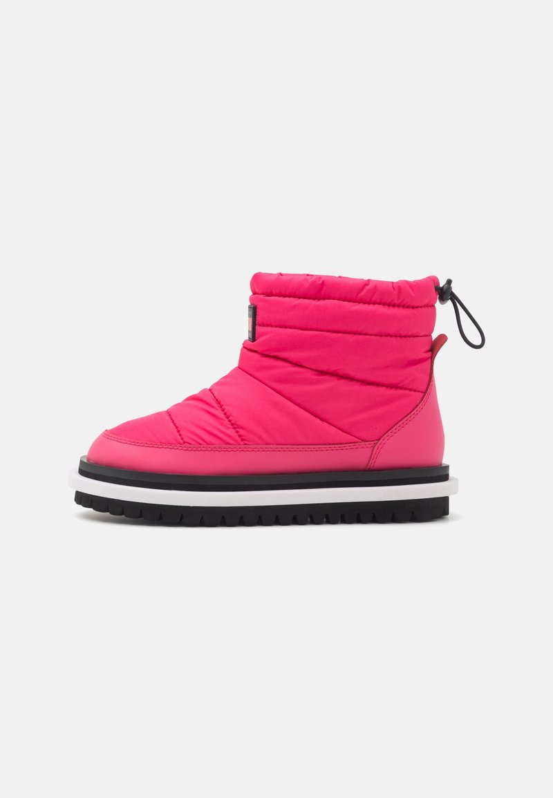 Pink insulated ankle boot with a quilted fabric upper, pull-tab, and white rubber sole featuring textured treads for traction.