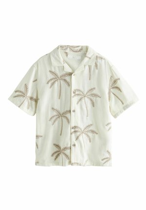 Kurzärmeliges cremefarbenes Hemd mit hellbraunen Palmenmustern und Knopfverschluss, ausgestattet mit einem legeren Kragen.