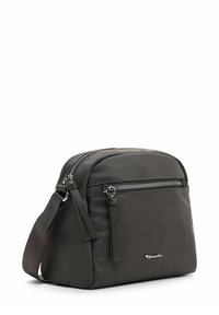 Black, nylon shoulder bag with a rectangular shape, featuring a zippered top closure, front zip pocket, and a detachable strap.
