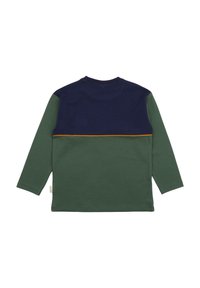 Long-sleeve shirt with a navy upper section and green lower section. Features a yellow accent band at the seam. Soft, cotton material.