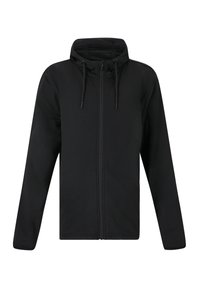 Svart zip-up jacka med huva, med dragsko, långa ärmar och en slät textur. Minimalistisk design, inga mönster eller utsmyckningar.