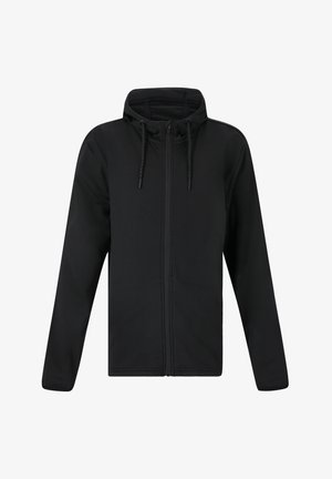 Svart zip-up jacka med huva, med dragsko, långa ärmar och en slät textur. Minimalistisk design, inga mönster eller utsmyckningar.