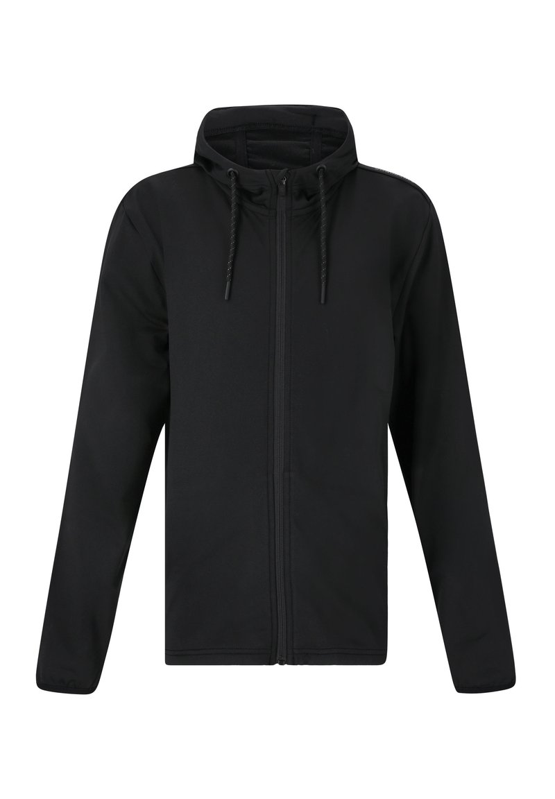 Svart zip-up jacka med huva, med dragsko, långa ärmar och en slät textur. Minimalistisk design, inga mönster eller utsmyckningar.