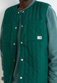 Chaleco acolchado en color teal con botones a presión, que cuenta con dos bolsillos frontales y un parche con el logo de The North Face. Lleva puesto una camisa de manga larga en color gris claro.