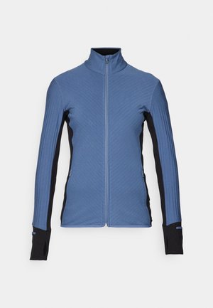 Blue and black zip-up jacket featuring ribbed texture, high collar, and thumbholes in sleeves; designed for warmth and mobility.