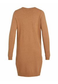 Robe en maille camel brun à manches longues et longueur genou, avec poignets et ourlet côtelés, vue de dos sur fond blanc.