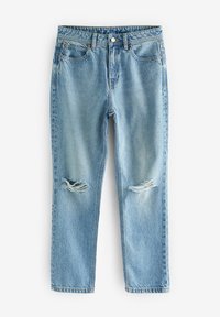 Vaaleansiniset farkut suoralla mitoituksella, joissa on kuluneet repeämät polvissa ja klassinen viiden taskun muotoilu.