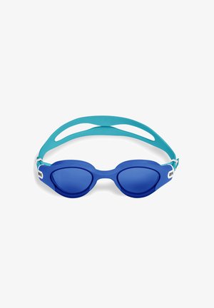 Blaue Schwimmbrille mit ovalen Gläsern und hellblauem, verstellbarem Band, auf weißem Hintergrund.