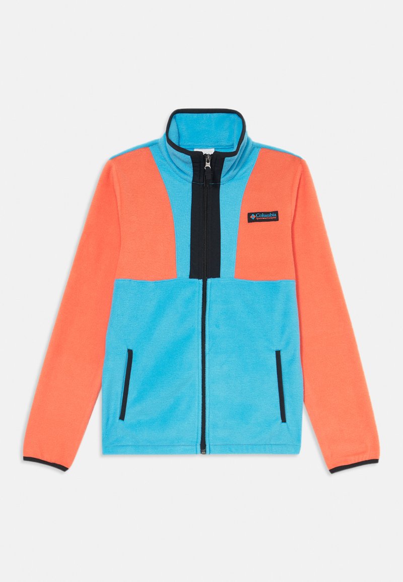 Fleece jacket with orange upper and blue lower panel, high collar, black zipper, and side pockets. Columbia logo on the chest.