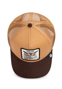 Brown and tan trucker cap with a mesh back, featuring an owl graphic patch and text "WISE ASS" on the front. Structured shape and adjustable strap.