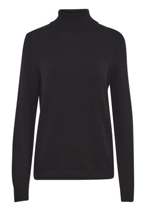 Melnas augstas apkakles džemperis, izgatavots no gludas adītas auduma. Garas piedurknes, ribota apkakle un apakša, kā arī brīva piegriezums bez rakstiem vai akcentiem.