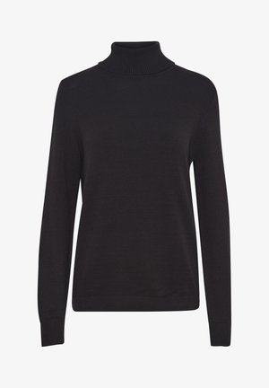 Musthave mustööp-sweater, valmistatud siledast kudumifabrist. Pikad varrukad, soonikkoes krae ja ääristused ning lõdvestunud istuvus, ilma mustrite või aksessuaarideta.