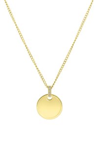Gouden necklace met een ronde hanger met een glad oppervlak,accentueert door een verticale sectie met vier kleine heldere stenen.