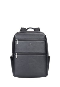 Zaino in pelle nera con superficie texturizzata, due tasche frontali con zip, spallacci imbottiti e maniglia superiore per il trasporto.