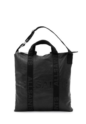 Black leather tote bag with textured surface, top handles, and adjustable shoulder strap. Features embossed branding and a zip closure.