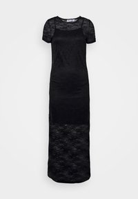 Svart maxiklänning i spets med korta ärmar, fyrkantig halsringning och genomskinlig spetspanel vid nederkanten, visad liggande på vit bakgrund.