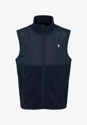 Marineblaue, ärmellose Fleece-Weste mit hohem Kragen, Reißverschluss vorne und kleinem gesticktem Logo auf der linken Brust. Weicher, strukturierter Stoff.