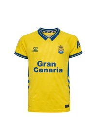 Gul fodboldtrøje med blå detaljer, korte �ærmer, rund hals, med "Gran Canaria" i fed blå tekst og et struktureret design.