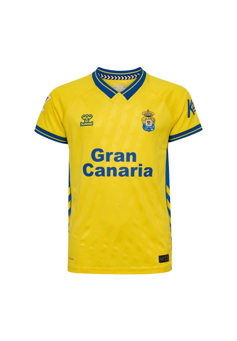 Gul fodboldtrøje med blå detaljer, korte ærmer, rund hals, med "Gran Canaria" i fed blå tekst og et struktureret design.