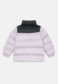 Puffer jacket in light lavender with a black upper section. Features a high collar, ribbed cuffs, and horizontal quilted sections.