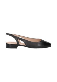 Black leather slingback flat shoes with a rounded toe, shiny patent leather cap, and cut-out design at the heel. Low block heel.