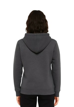 Sweat à capuche gris en tissu doux ; doté d'une capuche, de poignets et d'un ourlet côtelés. Vue de dos montrant une texture lisse et un design décontracté.