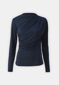 Marineblå langermet topp med høy hals, med rynket stoff på den ene siden og en jevn tekstur, designet med en tettsittende silhuett.