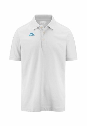 Polo bianco in cotone con colletto classico, dotato di un logo Kappa ricamato blu sul petto sinistro e quattro bottoni.