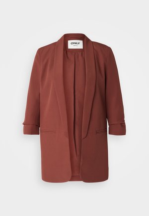 Roestkleurige blazer met lange mouwen, open voorkant en twee zijzakken. Glad materiaal en licht gestructureerd ontwerp, zonder sluiting.