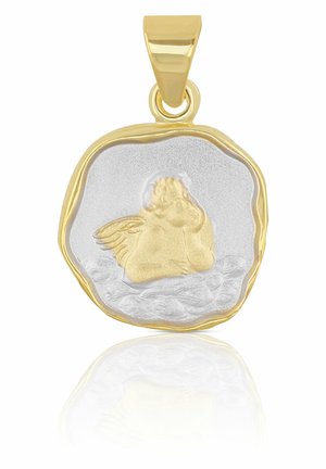 Pendentif en tonalité or avec un bord texturé, sur fond argenté, et un détail en relief d'un chérubin doré au centre.