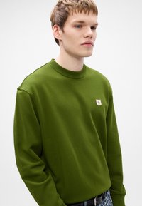 Sweatshirt verde com decote redondo, mangas longas e punhos canelados. Apresenta um pequeno patch com o logótipo no peito. Textura de tecido suave.