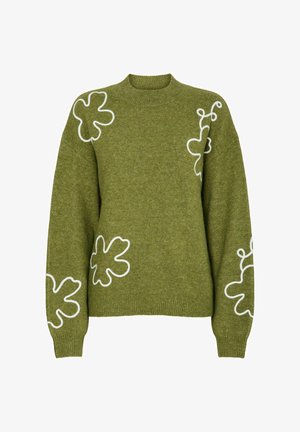 Zielony dziany sweter z białymi kwiatowymi wzorami na przodzie i rękawach. Okrągły dekolt, luźny krój i ściągacze na rękawach.