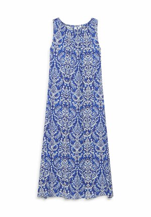 Robe maxi sans manches bleue et blanche à motifs, avec un col rond et un détail froncé sur la poitrine.
