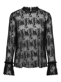 Black lace blouse featuring a floral pattern, long sleeves with ruffled cuffs, and a high neckline with a keyhole back closure.