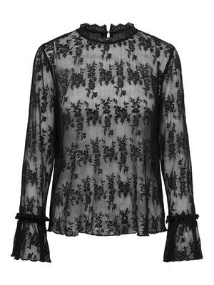 Mustast pitsist pluus, millel on lilleline muster, pikad varrukad volangiliste mansettidega ja kõrge kaelusega, mille taga on võtmeauguga sulgur.