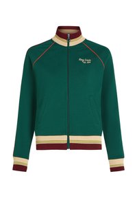 Groene zip-up jas met bordeauxrode en beige accenten, voorzien van een geribbelde kraag, geborduurd logo en zijzakken.