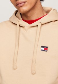 Beige Kapuzenpullover mit Kordeln, der ein kleines mehrfarbiges Markenlogo auf der Brust zeigt. Glatte Textur und zeitgemäßes Design.