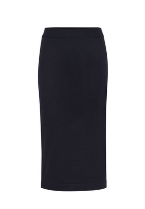 Marineblauwe kokerrok gemaakt van gladde stof, met een getailleerde silhouette, een middelhoge tailleband en een zoom die onder de knie valt.