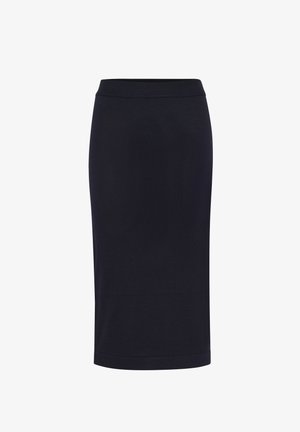 Navy pencil skirt made from smooth fabric, featuring a fitted silhouette, mid-rise waistband, and hem that falls below the knee.
