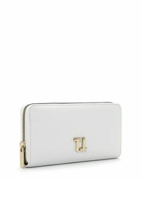 White leather wallet with a smooth texture, rectangular shape, gold hardware, and a logo detail on the front, closed with a zipper.